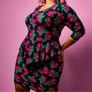 TORRID xBetsey Johnson black cherry print stretch ponte peplum dress Size 12 New